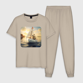 Мужская пижама хлопок с принтом Капибара на паруснике в Тюмени, 100% хлопок | брюки и футболка прямого кроя, без карманов, на брюках мягкая резинка на поясе и по низу штанин
 | 