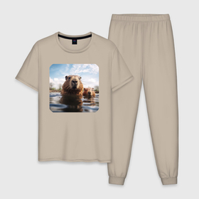 Мужская пижама хлопок с принтом Капибары плавают в Курске, 100% хлопок | брюки и футболка прямого кроя, без карманов, на брюках мягкая резинка на поясе и по низу штанин
 | 