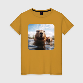 Женская футболка хлопок с принтом Капибары плавают в Курске, 100% хлопок | прямой крой, круглый вырез горловины, длина до линии бедер, слегка спущенное плечо | 