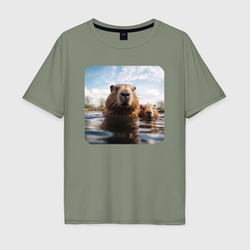 Мужская футболка хлопок Oversize с принтом Капибары плавают в Курске, 100% хлопок | свободный крой, круглый ворот, “спинка” длиннее передней части | Тематика изображения на принте: 
