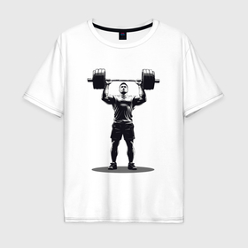 Мужская футболка хлопок Oversize с принтом Спортсмен поднимает штангу в Курске, 100% хлопок | свободный крой, круглый ворот, “спинка” длиннее передней части | Тематика изображения на принте: 