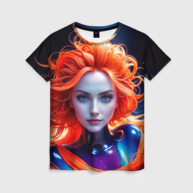 Женская футболка 3D с принтом Девушка с рыжими волосами в перламутровой краске в Санкт-Петербурге, 100% полиэфир ( синтетическое хлопкоподобное полотно) | прямой крой, круглый вырез горловины, длина до линии бедер | 
