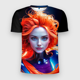 Мужская футболка 3D Slim с принтом Девушка с рыжими волосами в перламутровой краске в Санкт-Петербурге, 100% полиэстер с улучшенными характеристиками | приталенный силуэт, круглая горловина, широкие плечи, сужается к линии бедра | 