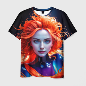 Мужская футболка 3D с принтом Девушка с рыжими волосами в перламутровой краске в Санкт-Петербурге, 100% полиэфир | прямой крой, круглый вырез горловины, длина до линии бедер | 