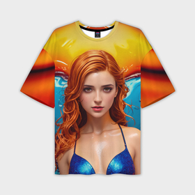 Мужская футболка oversize 3D с принтом Девушка с рыжими волосами в синем купальнике в аквапарке в Курске,  |  | 