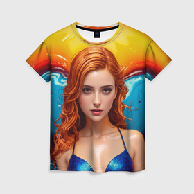 Женская футболка 3D с принтом Девушка с рыжими волосами в синем купальнике в аквапарке в Тюмени, 100% полиэфир ( синтетическое хлопкоподобное полотно) | прямой крой, круглый вырез горловины, длина до линии бедер | 