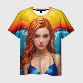 Мужская футболка 3D с принтом Девушка с рыжими волосами в синем купальнике в аквапарке в Курске, 100% полиэфир | прямой крой, круглый вырез горловины, длина до линии бедер | 