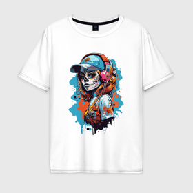 Мужская футболка хлопок Oversize с принтом Девушка калавера в Санкт-Петербурге, 100% хлопок | свободный крой, круглый ворот, “спинка” длиннее передней части | 