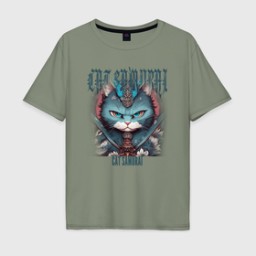 Мужская футболка хлопок Oversize с принтом С котиком самураем в Белгороде, 100% хлопок | свободный крой, круглый ворот, “спинка” длиннее передней части | 