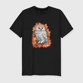 Мужская футболка хлопок Slim с принтом Осенняя сова в Санкт-Петербурге, 92% хлопок, 8% лайкра | приталенный силуэт, круглый вырез ворота, длина до линии бедра, короткий рукав | 