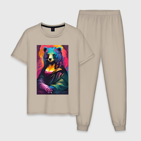Мужская пижама хлопок с принтом Медведица Мона Лиза   поп арт , 100% хлопок | брюки и футболка прямого кроя, без карманов, на брюках мягкая резинка на поясе и по низу штанин
 | 