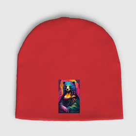 Мужская шапка демисезонная с принтом Медведица Мона Лиза   поп арт ,  |  | Тематика изображения на принте: 