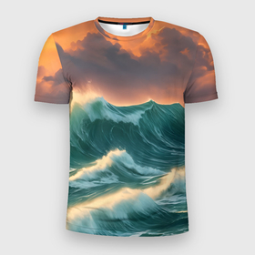 Мужская футболка 3D Slim с принтом Море и оранжевый закат в Белгороде, 100% полиэстер с улучшенными характеристиками | приталенный силуэт, круглая горловина, широкие плечи, сужается к линии бедра | 