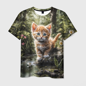 Мужская футболка 3D с принтом Рыжий кот в лесу в Кировске, 100% полиэфир | прямой крой, круглый вырез горловины, длина до линии бедер | 