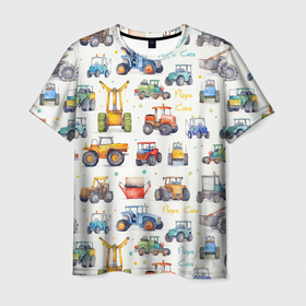 Мужская футболка 3D с принтом Акварельные тракторы   детский паттерн в Кировске, 100% полиэфир | прямой крой, круглый вырез горловины, длина до линии бедер | 