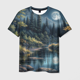 Мужская футболка 3D с принтом Ночь в лесу в Курске, 100% полиэфир | прямой крой, круглый вырез горловины, длина до линии бедер | 