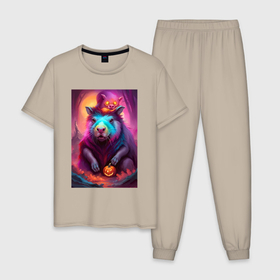 Мужская пижама хлопок с принтом Capybara   halloween   neural network в Тюмени, 100% хлопок | брюки и футболка прямого кроя, без карманов, на брюках мягкая резинка на поясе и по низу штанин
 | 