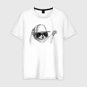 Мужская футболка хлопок с принтом Енот репер в Петрозаводске, 100% хлопок | прямой крой, круглый вырез горловины, длина до линии бедер, слегка спущенное плечо. | 