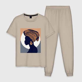 Мужская пижама хлопок с принтом Африканка в профиль в Тюмени, 100% хлопок | брюки и футболка прямого кроя, без карманов, на брюках мягкая резинка на поясе и по низу штанин
 | Тематика изображения на принте: 