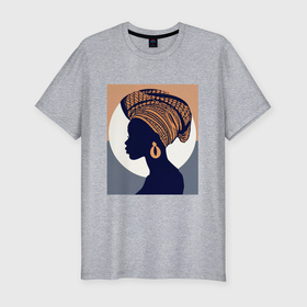 Мужская футболка хлопок Slim с принтом Африканка в профиль в Тюмени, 92% хлопок, 8% лайкра | приталенный силуэт, круглый вырез ворота, длина до линии бедра, короткий рукав | Тематика изображения на принте: 