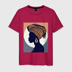 Мужская футболка хлопок с принтом Африканка в профиль в Тюмени, 100% хлопок | прямой крой, круглый вырез горловины, длина до линии бедер, слегка спущенное плечо. | Тематика изображения на принте: 