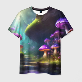Мужская футболка 3D с принтом Токсичные грибы в пещере , 100% полиэфир | прямой крой, круглый вырез горловины, длина до линии бедер | 