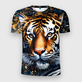 Мужская футболка 3D Slim с принтом Портрет тигра с синим и золотым в Санкт-Петербурге, 100% полиэстер с улучшенными характеристиками | приталенный силуэт, круглая горловина, широкие плечи, сужается к линии бедра | 