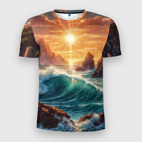 Мужская футболка 3D Slim с принтом Море в лучах солнца в Кировске, 100% полиэстер с улучшенными характеристиками | приталенный силуэт, круглая горловина, широкие плечи, сужается к линии бедра | 