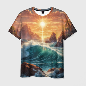 Мужская футболка 3D с принтом Море в лучах солнца в Санкт-Петербурге, 100% полиэфир | прямой крой, круглый вырез горловины, длина до линии бедер | 