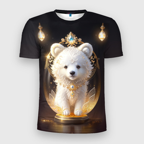Мужская футболка 3D Slim с принтом Белый медвежонок с фонариками в Белгороде, 100% полиэстер с улучшенными характеристиками | приталенный силуэт, круглая горловина, широкие плечи, сужается к линии бедра | Тематика изображения на принте: 
