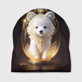 Шапка 3D с принтом Белый медвежонок с фонариками в Курске, 100% полиэстер | универсальный размер, печать по всей поверхности изделия | 