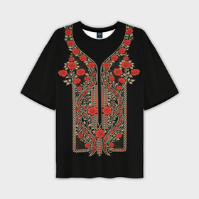 Мужская футболка oversize 3D с принтом Растительный цветочный орнамент   красные розы на черном в Тюмени,  |  | 