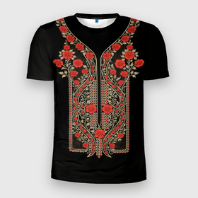 Мужская футболка 3D Slim с принтом Растительный цветочный орнамент   красные розы на черном в Новосибирске, 100% полиэстер с улучшенными характеристиками | приталенный силуэт, круглая горловина, широкие плечи, сужается к линии бедра | Тематика изображения на принте: 