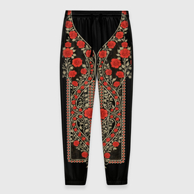 Мужские брюки 3D с принтом Растительный цветочный орнамент   красные розы на черном в Новосибирске, 100% полиэстер | манжеты по низу, эластичный пояс регулируется шнурком, по бокам два кармана без застежек, внутренняя часть кармана из мелкой сетки | 