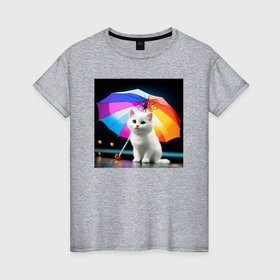 Женская футболка хлопок с принтом белый котенок под зонтиком в Петрозаводске, 100% хлопок | прямой крой, круглый вырез горловины, длина до линии бедер, слегка спущенное плечо | 