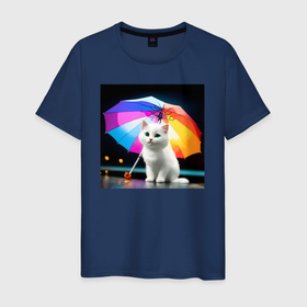 Мужская футболка хлопок с принтом белый котенок под зонтиком , 100% хлопок | прямой крой, круглый вырез горловины, длина до линии бедер, слегка спущенное плечо. | Тематика изображения на принте: 