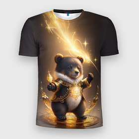 Мужская футболка 3D Slim с принтом Бурый медвежонок с фонариком в Новосибирске, 100% полиэстер с улучшенными характеристиками | приталенный силуэт, круглая горловина, широкие плечи, сужается к линии бедра | 