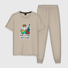 Мужская пижама хлопок с принтом хиппи гном музыка music is safe rind of high в Тюмени, 100% хлопок | брюки и футболка прямого кроя, без карманов, на брюках мягкая резинка на поясе и по низу штанин
 | 