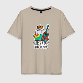 Мужская футболка хлопок Oversize с принтом хиппи гном музыка music is safe rind of high в Тюмени, 100% хлопок | свободный крой, круглый ворот, “спинка” длиннее передней части | 