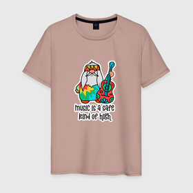 Мужская футболка хлопок с принтом хиппи гном музыка music is safe rind of high в Тюмени, 100% хлопок | прямой крой, круглый вырез горловины, длина до линии бедер, слегка спущенное плечо. | 
