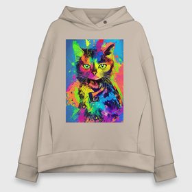 Женское худи Oversize хлопок с принтом Funny cat   pop art   neural network в Новосибирске, френч-терри — 70% хлопок, 30% полиэстер. Мягкий теплый начес внутри —100% хлопок | боковые карманы, эластичные манжеты и нижняя кромка, капюшон на магнитной кнопке | 