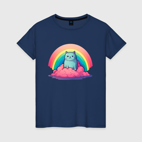 Женская футболка хлопок с принтом Кот на облаке с радугой в Курске, 100% хлопок | прямой крой, круглый вырез горловины, длина до линии бедер, слегка спущенное плечо | 