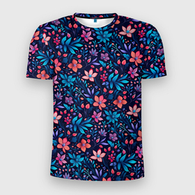 Мужская футболка 3D Slim с принтом Цветочный паттерн в синих и сиреневых тонах в Кировске, 100% полиэстер с улучшенными характеристиками | приталенный силуэт, круглая горловина, широкие плечи, сужается к линии бедра | 