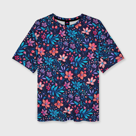 Женская футболка oversize 3D с принтом Цветочный паттерн в синих и сиреневых тонах в Кировске,  |  | 