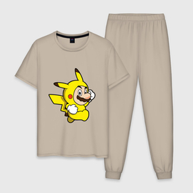 Мужская пижама хлопок с принтом Марио пикачу в Курске, 100% хлопок | брюки и футболка прямого кроя, без карманов, на брюках мягкая резинка на поясе и по низу штанин
 | 
