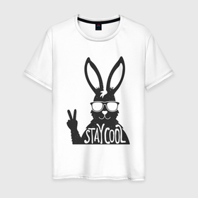 Мужская футболка хлопок с принтом Stay cool rabbit в Кировске, 100% хлопок | прямой крой, круглый вырез горловины, длина до линии бедер, слегка спущенное плечо. | 
