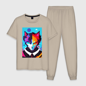 Мужская пижама хлопок с принтом Сердитый кот   поп арт , 100% хлопок | брюки и футболка прямого кроя, без карманов, на брюках мягкая резинка на поясе и по низу штанин
 | 