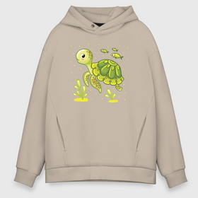 Мужское худи Oversize хлопок с принтом Green turtle в Кировске, френч-терри — 70% хлопок, 30% полиэстер. Мягкий теплый начес внутри —100% хлопок | боковые карманы, эластичные манжеты и нижняя кромка, капюшон на магнитной кнопке | 