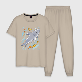Мужская пижама хлопок с принтом Приключения акулы в Курске, 100% хлопок | брюки и футболка прямого кроя, без карманов, на брюках мягкая резинка на поясе и по низу штанин
 | 