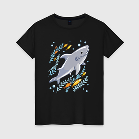 Женская футболка хлопок с принтом Приключения акулы в Петрозаводске, 100% хлопок | прямой крой, круглый вырез горловины, длина до линии бедер, слегка спущенное плечо | 